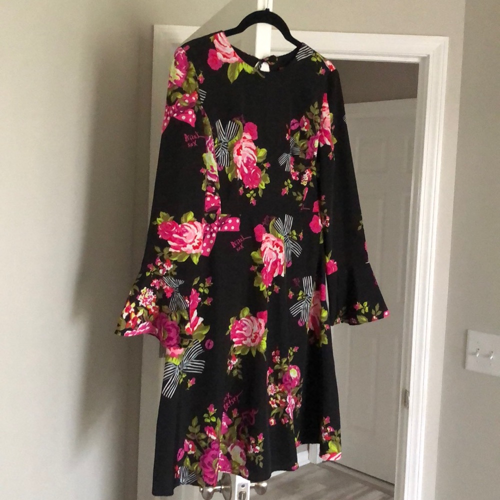 Betsey Johnson Floral Long Sleeve Dress - Black and Pink